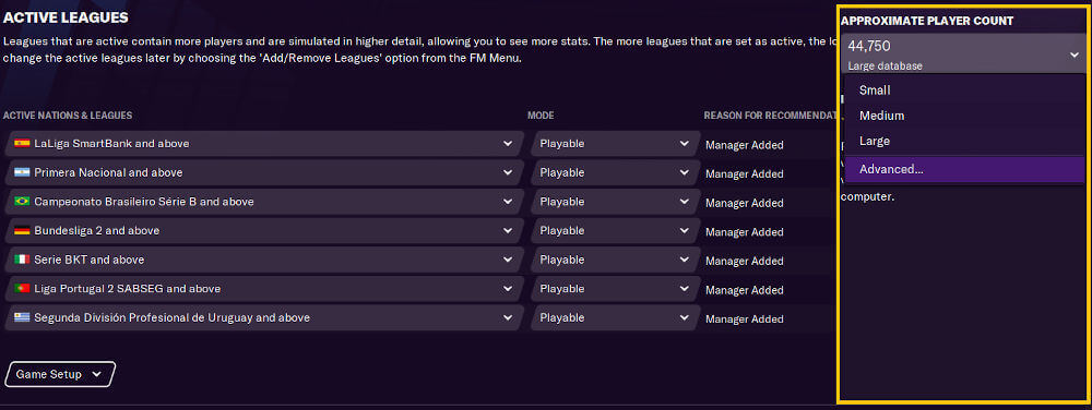 Database size, active nations and player counts in Football Manager