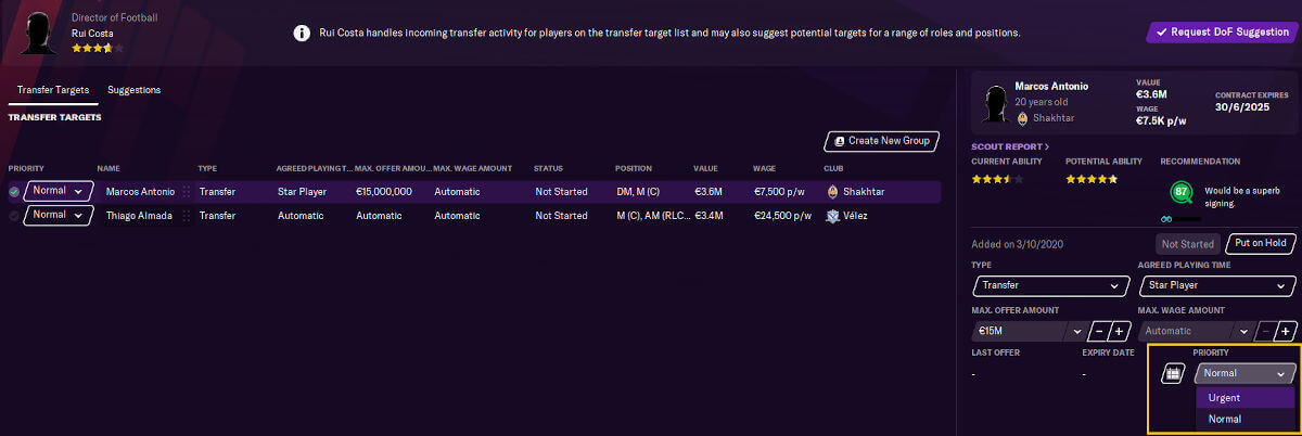 Adding players to transfer target list