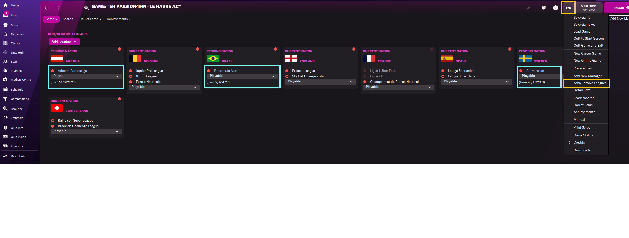 add remove leagues Football Manager