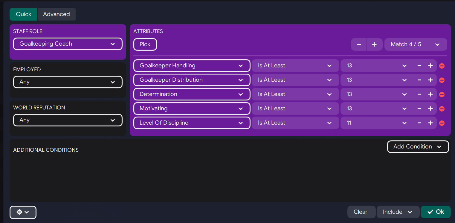 Football Manager 2024 backroom staff search filter - goalkeeping coaches