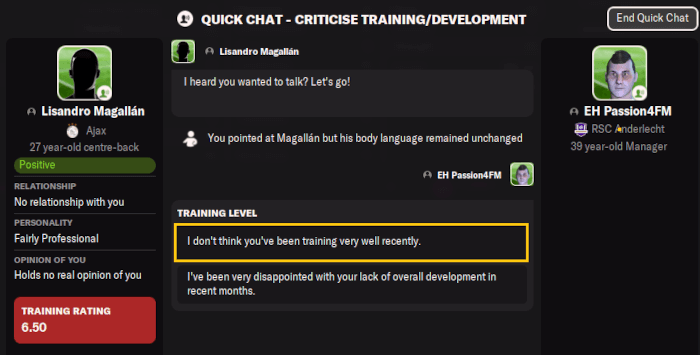 Criticizing players training level via private chats