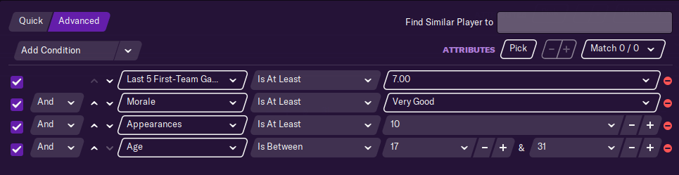 Football Manager players search filterin best form