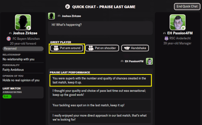 Praising players form via private chats in Football Manager