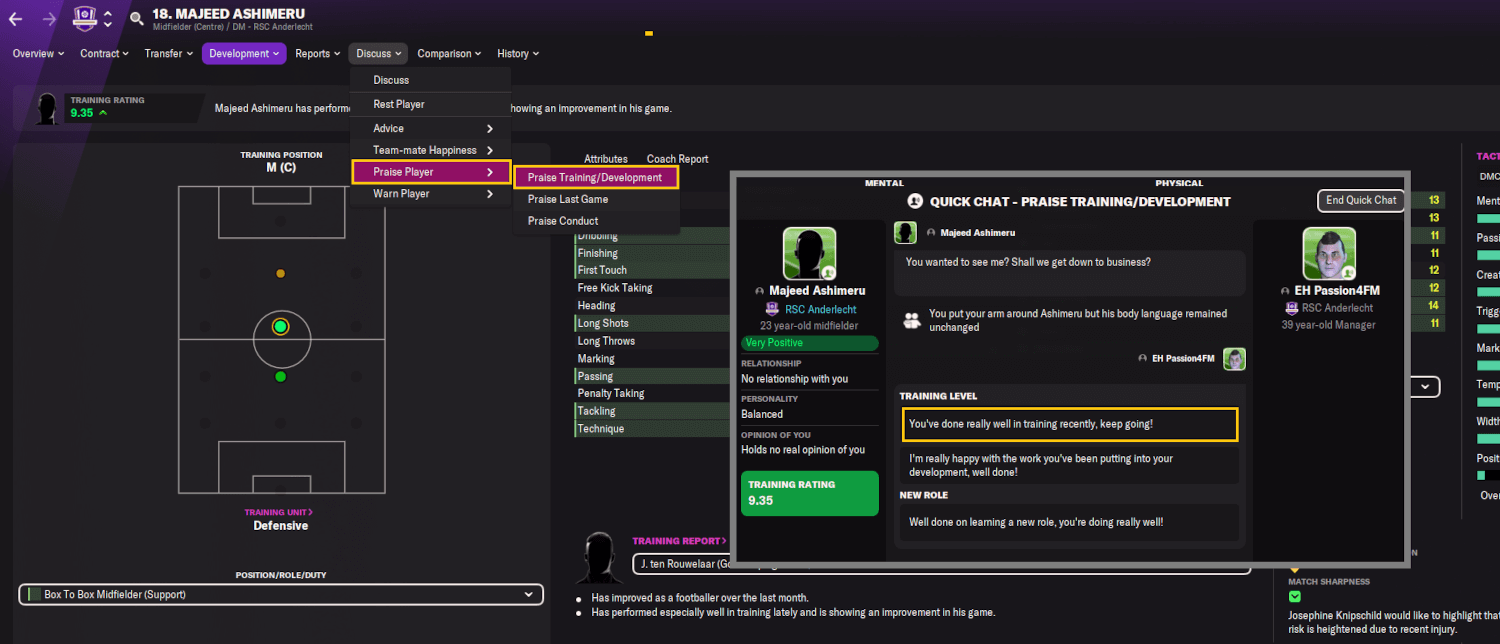 Praising players training performance in Football Manager