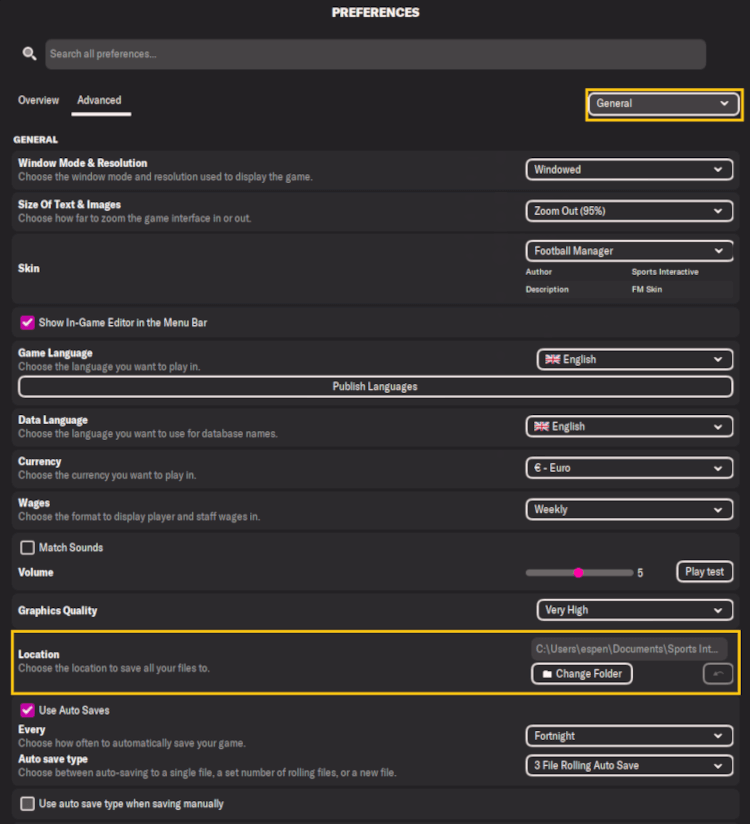 Football Manager Preferences - Change user data location