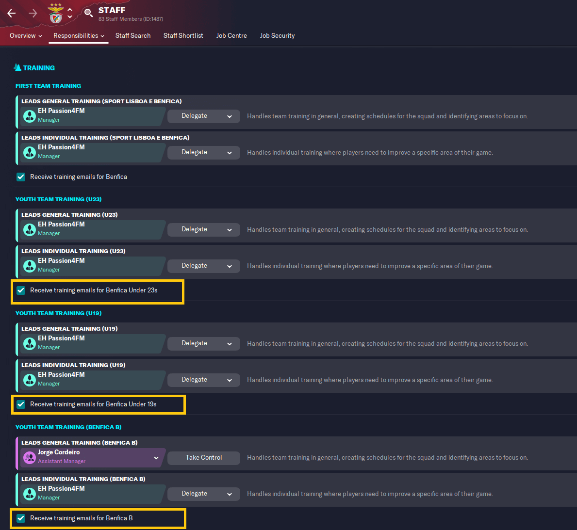 Football Manager Staff responsibilities training