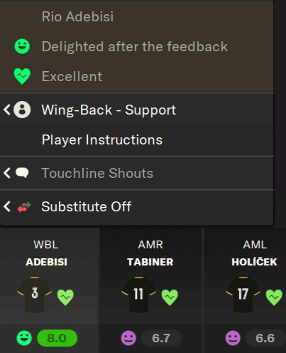 The result of praising individual players on Football Manager via shouts