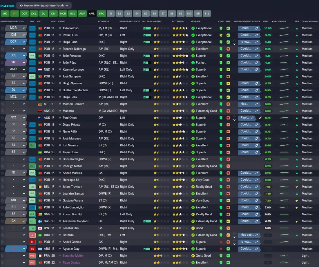 FM23 Benfica Under-19 players training performance