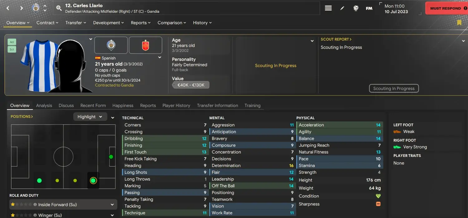 Carles Llario player profile on Football Manager 2024 | FM24 cheap hidden gems