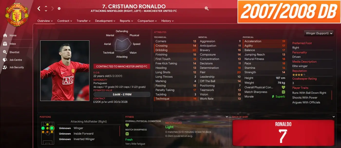 Cristiano Ronaldo in FM24 throwback database 2007-08 season