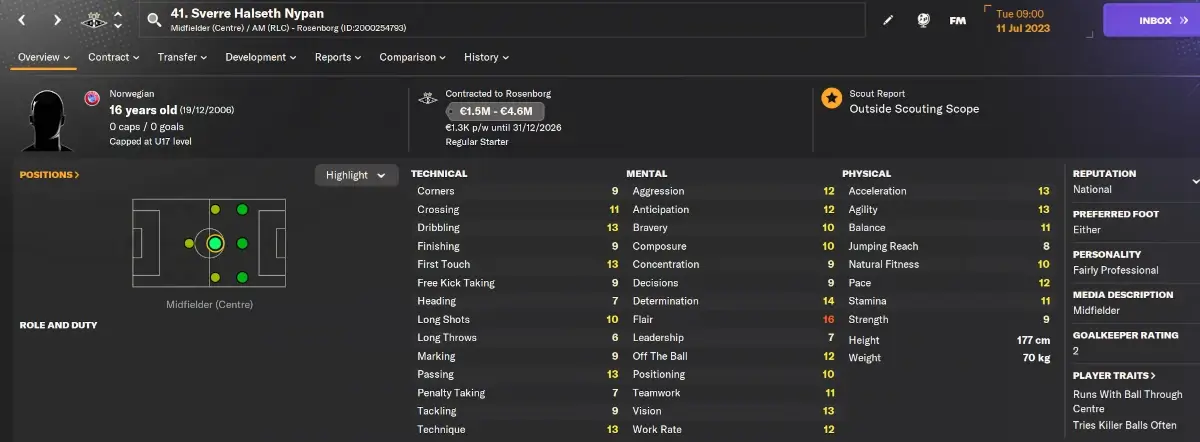 Football Manager 2024 Best Young players Sverre Halseth Nypan player profile