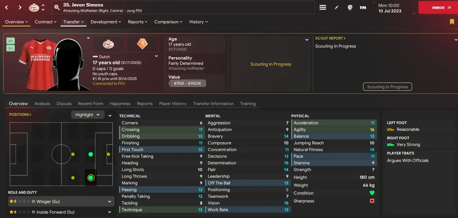 FM24 Cheap Dutch wonderkid bargain Jevon Simons player profile on Football Manager 2024