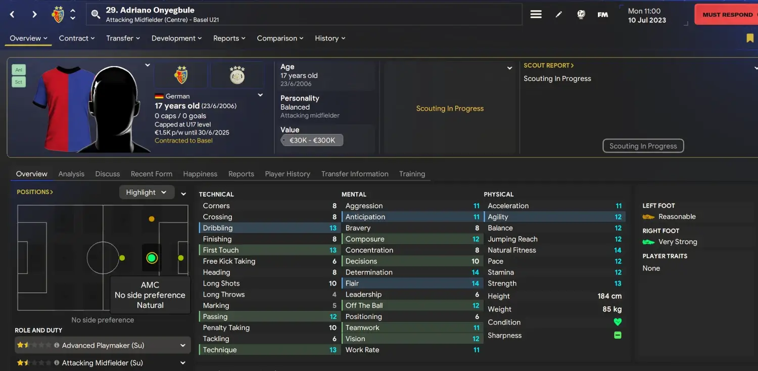 FM24 cheap german wonderkid bargain Adriano Onyegbule player profile on Football Manager 2024