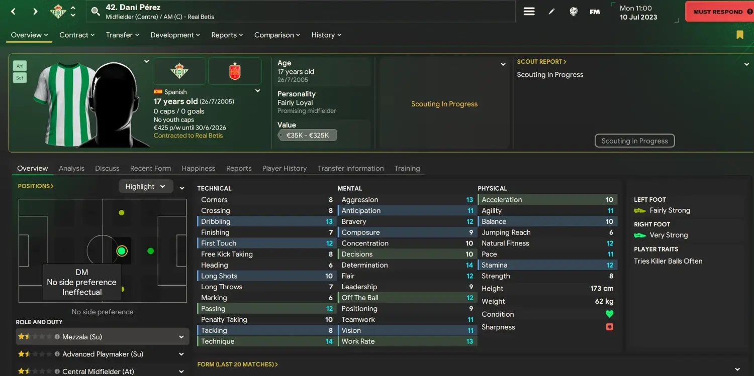 FM24 Cheap Spanish wonderkid bargain Dani Perez player profile on Football Manager 2024