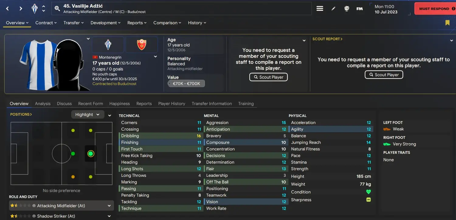 FM24 cheap wonderkid Vasilije Adzic player profile on Football Manager 2024
