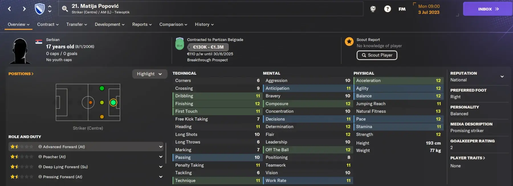 FM24 Cheap Wonderkids Matija Popovic player profile