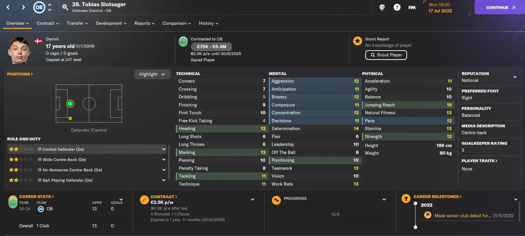 FM24 Cheap Wonderkids Tobias Slotsager player profile