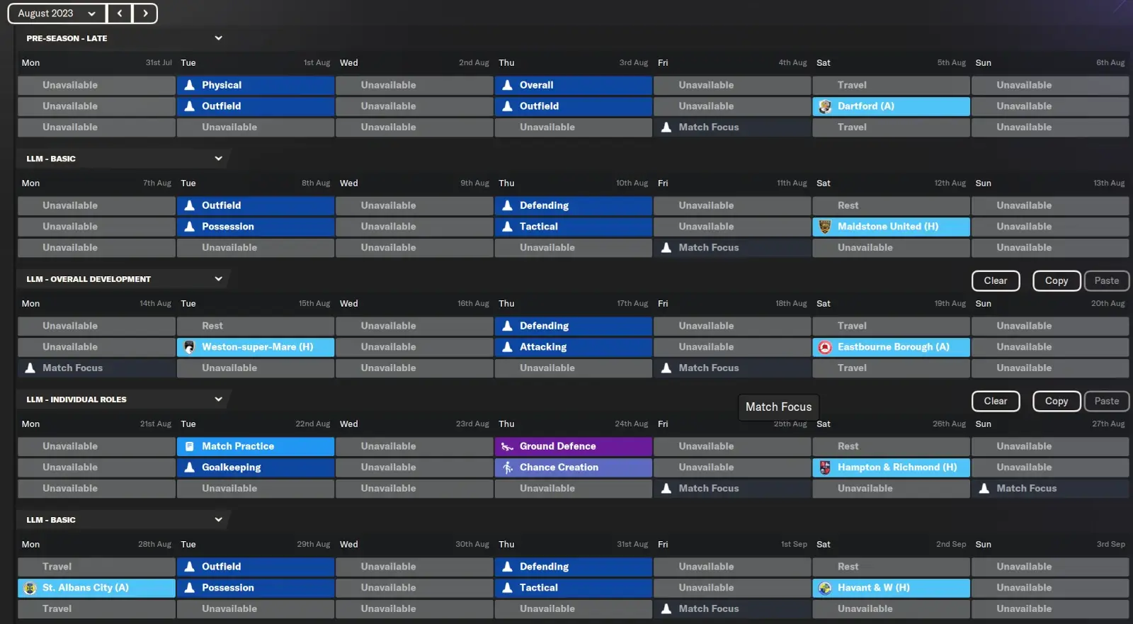 FM24 LLM Training schedules megapack for non-league football