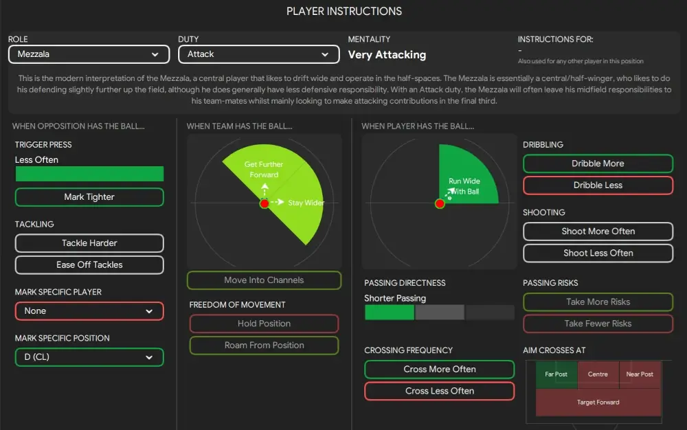 Mezzala attack player instructions - replicating Kevin de Bruyne in Man City 3-2-4-1 tactics