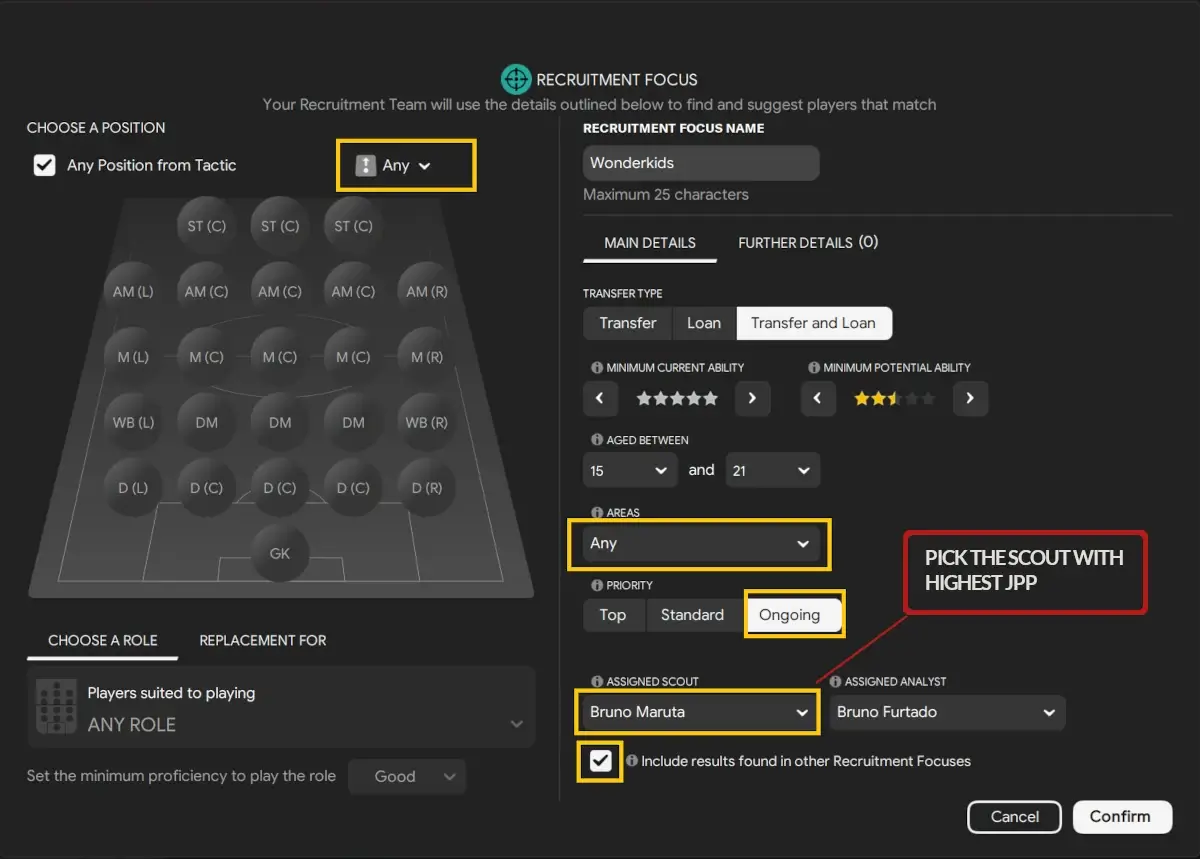 FM24 Recruitment focus scouting for wonderkids