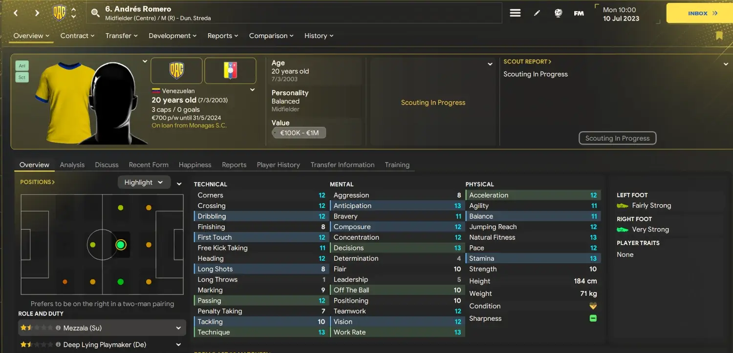 FM24 Venezuelan wonderkid Andres Romero player profile on Football Manager 2024