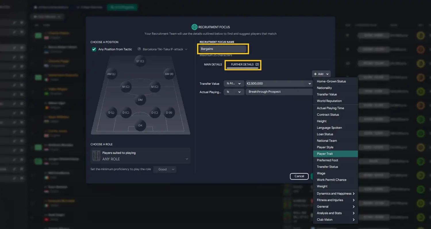 Further details to select in recruitment focuses on Football Manager 2023