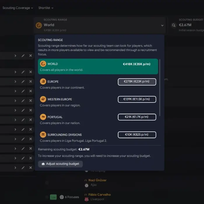 Football Manager recruitment package scouting range