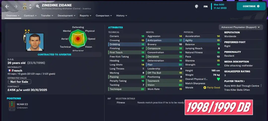 Zinedine Zidane player profile in 1998-99 retro database for Football Manager 2023