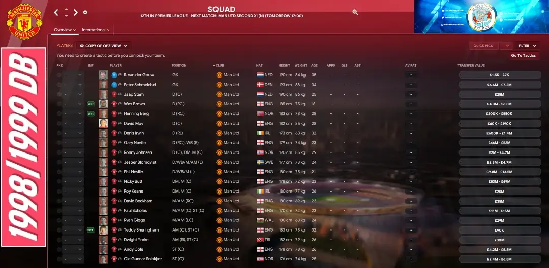 Manchester United 1998-99 squad in Football Manager 2023 retro database