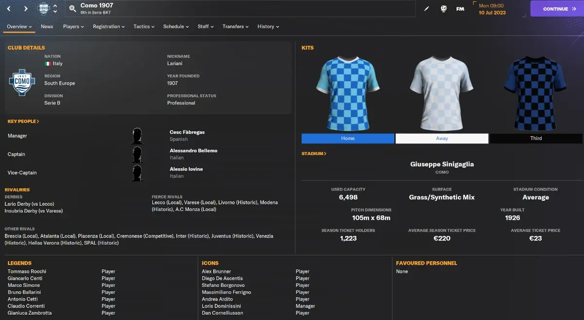 Como 1907 club profile Football Manager 2024