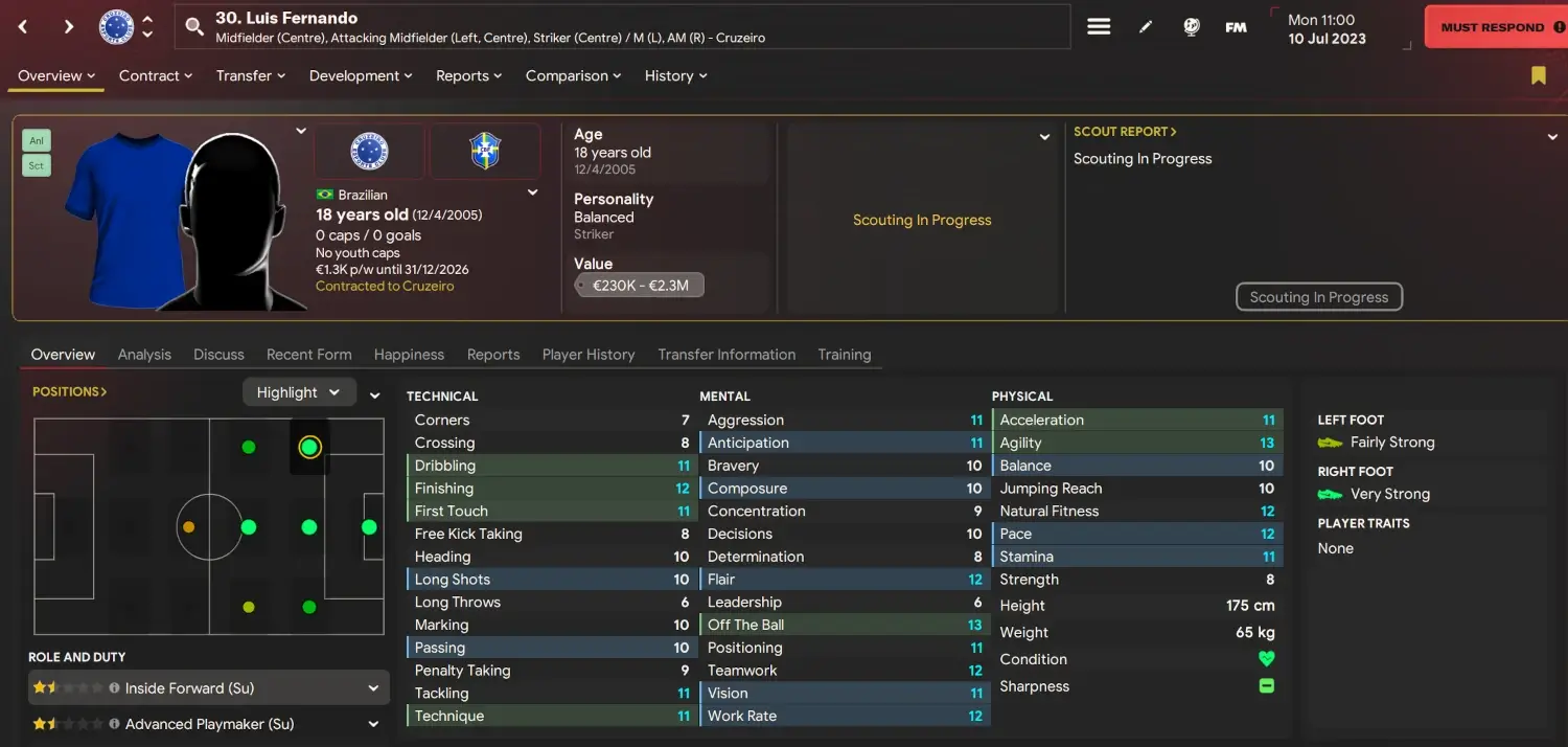 Football Manager 2024 profile Luis Fernando - cheap brazilian wonderkid on FM24