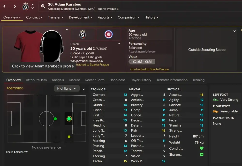 FM24 Adam Karabec player profile - Czechian Wonderkids Football Manager 2024