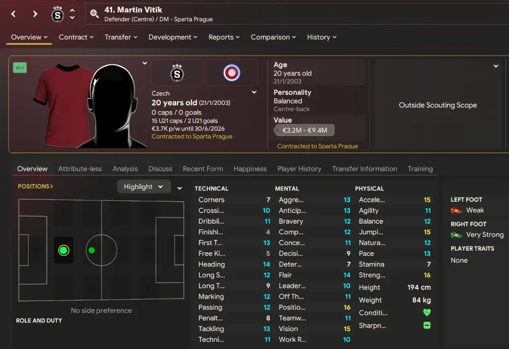 FM24 Martin Vitik player profile - Czechian Wonderkids Football Manager 2024