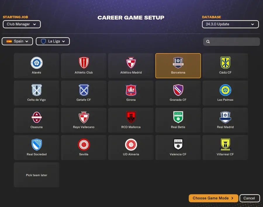 Football Manager 24 career game setup - selecting team to manage