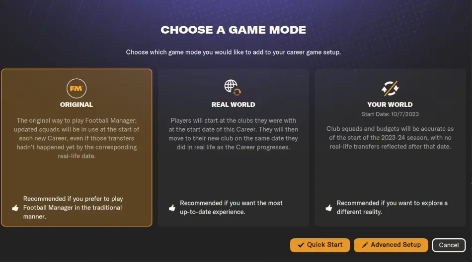 Football Manager choose game mode