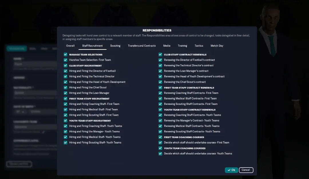 Choose Staff responsibilities when creating human manager profile in Football Manager