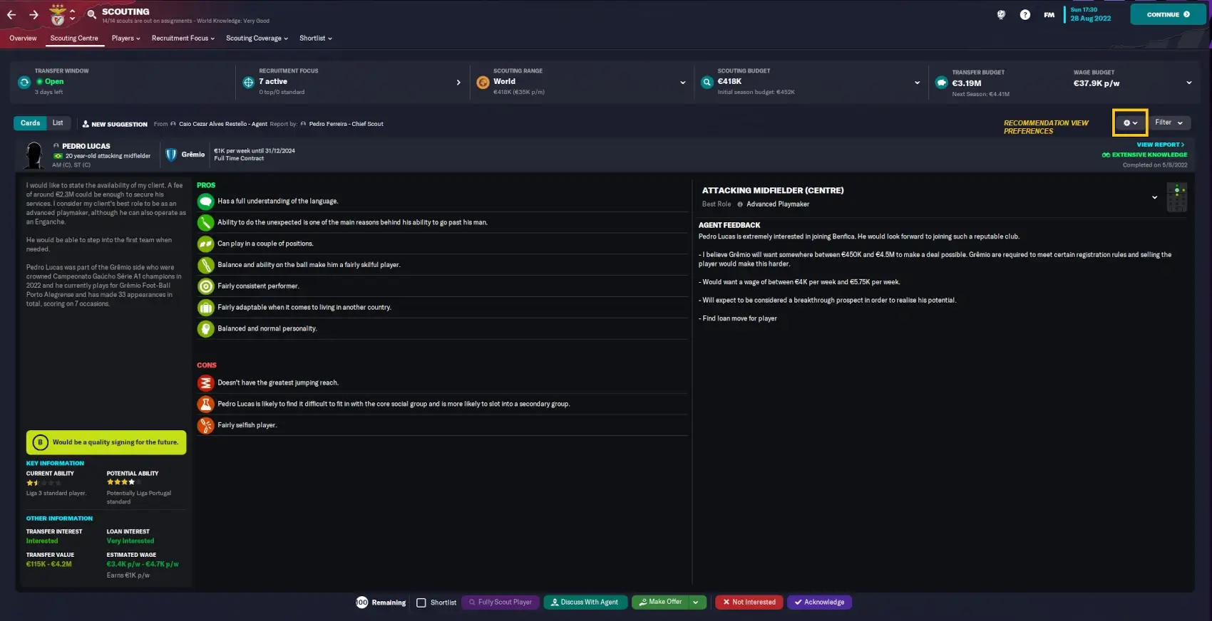 Football Manager scouting centre cards view