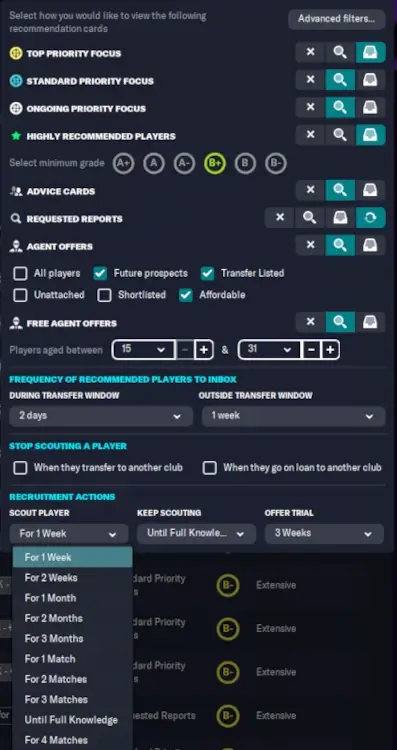 Recommendation view filters | Football Manager 2023 scouting centre