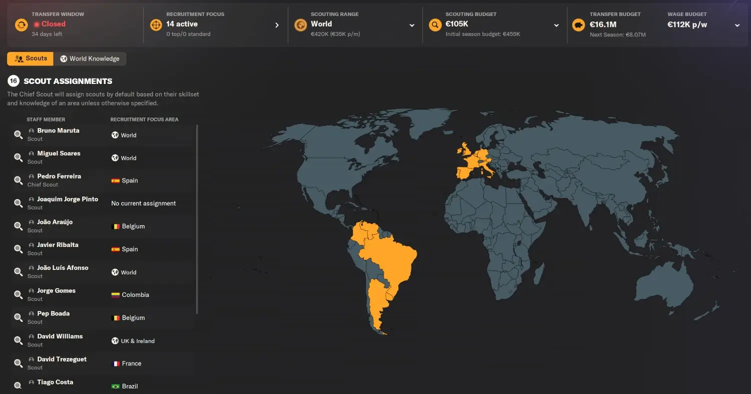 Football Manager scouting coverage current scout assignments