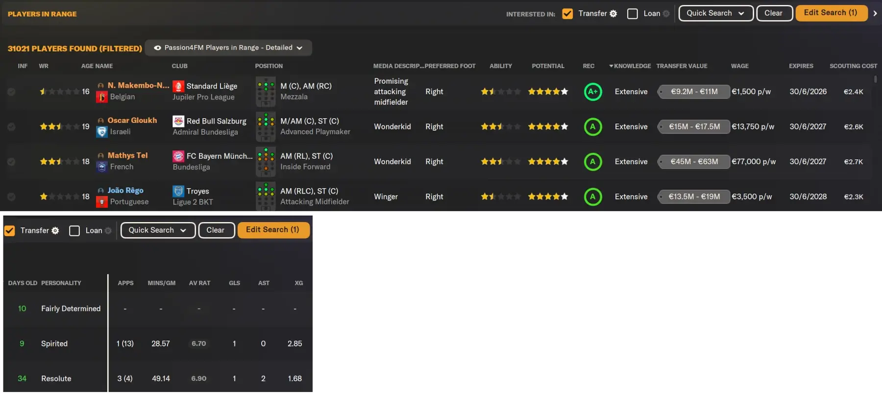 Football Manager 2024 Scouting view - Players in range detailed