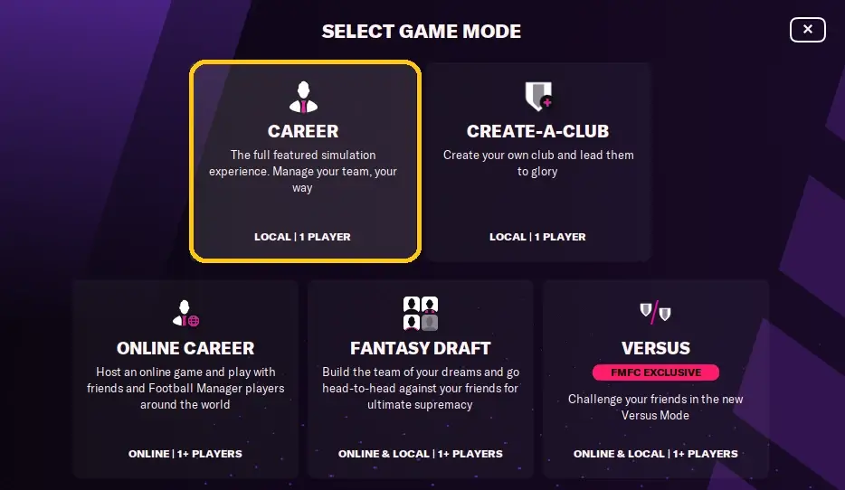 Football Manager select career mode
