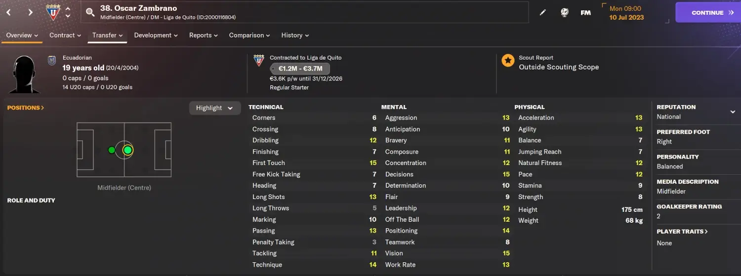 Oscar Zambrano player screen on FM24 Winter Transfer Update