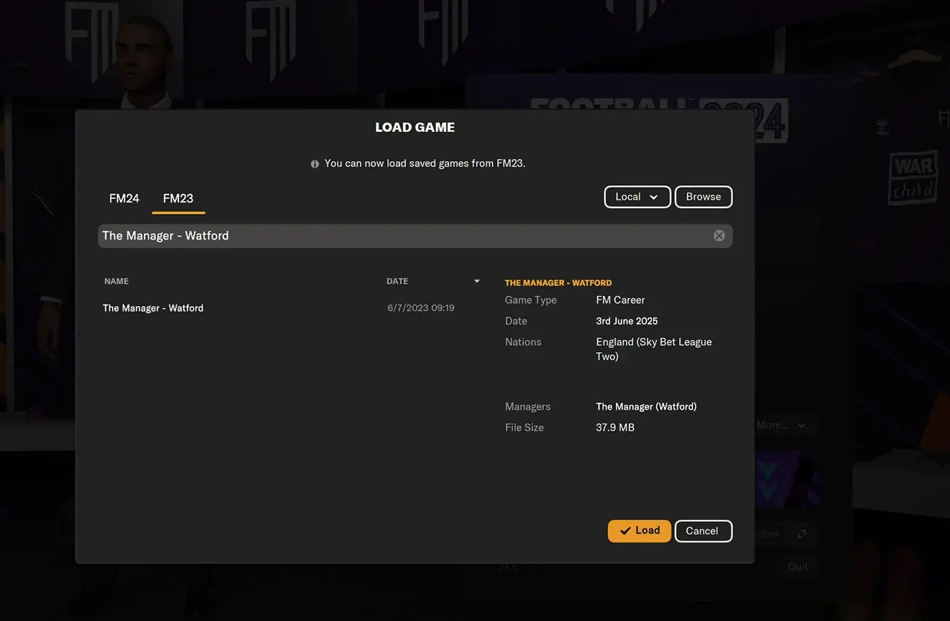 how to load FM23 save games in Football Manager 2024
