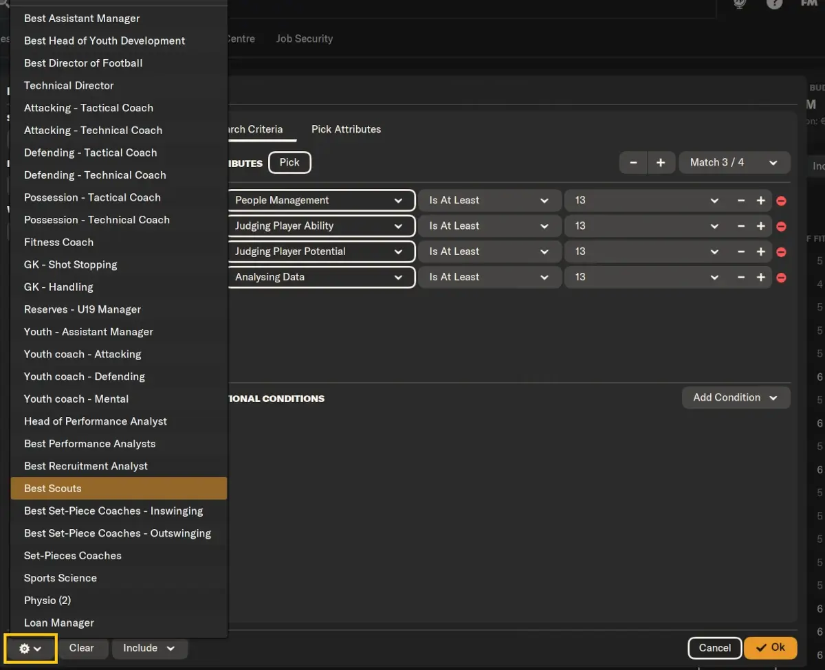 How to load Football Manager backroom staff search filters