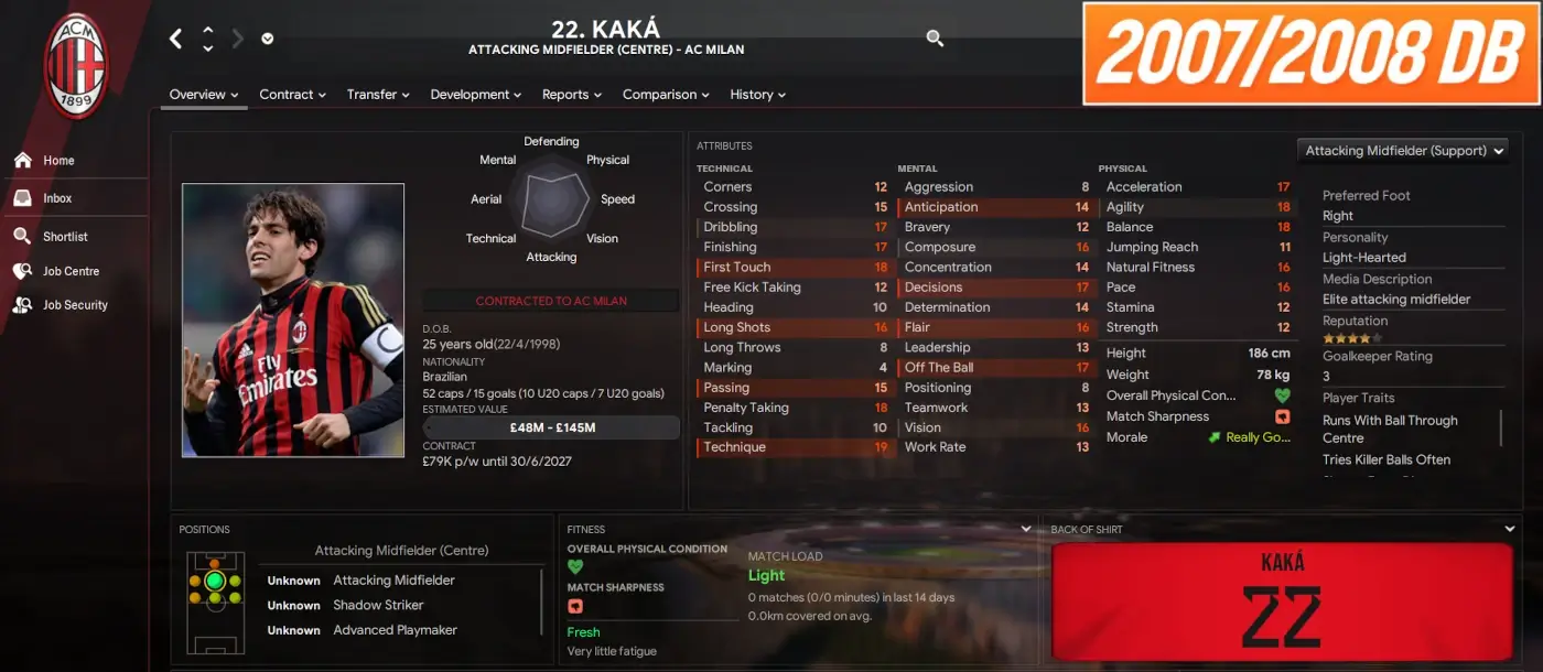 Kaka profile 2007-2008 retro database for FM24