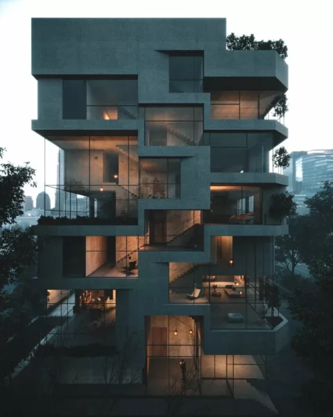 Front view of Pak Andishan Residential Building designed by Kamran Heirati
