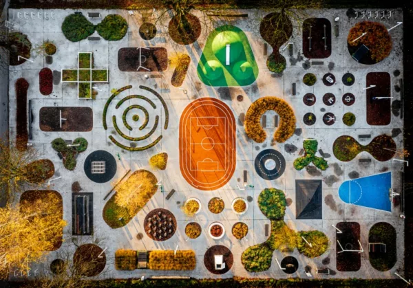Aerial view of the colorful playground in Chorzów, captured by Sebastian Piórek.