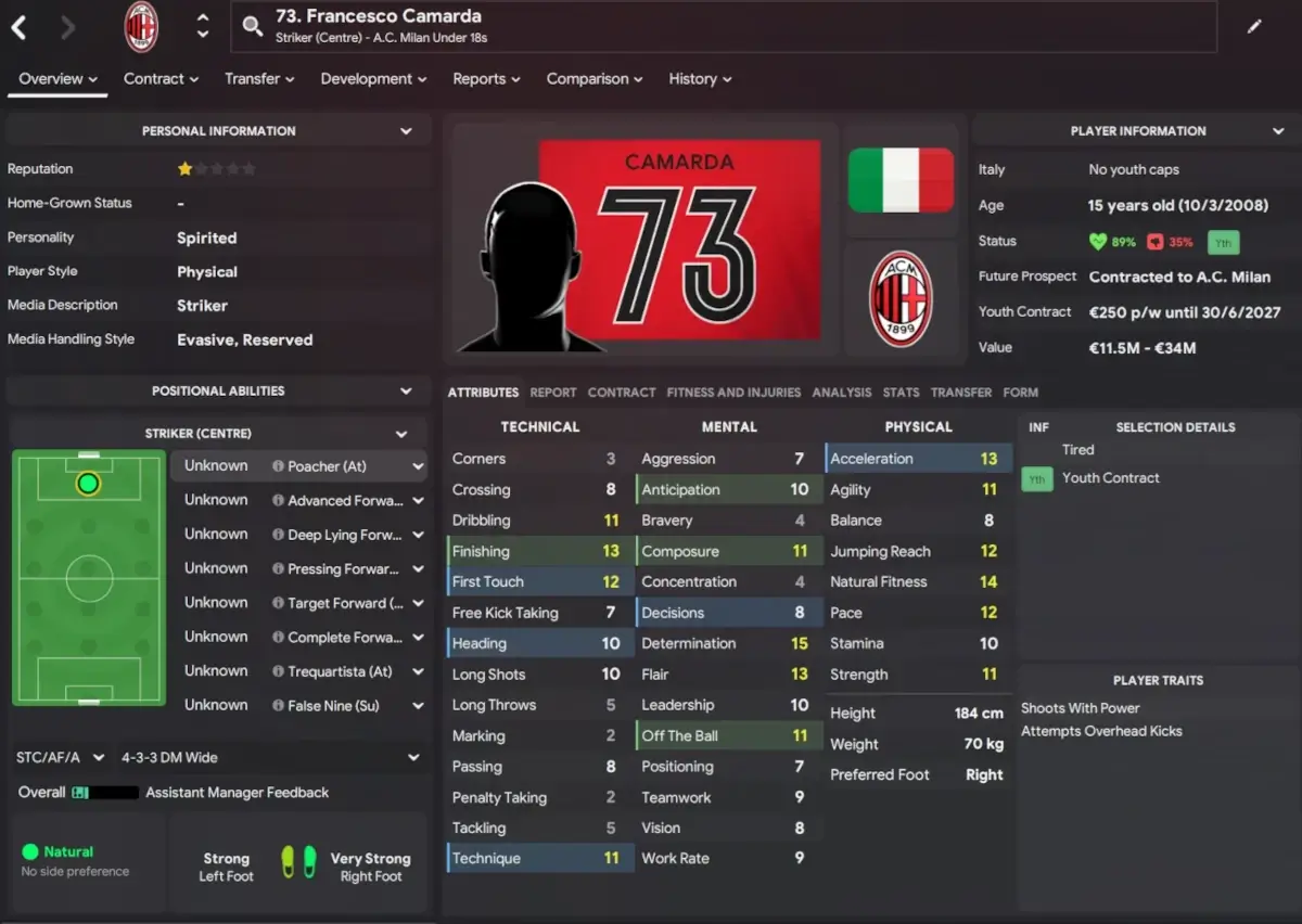 potential FM25 wonderkids Italian striker Francesco Camarda on FM24