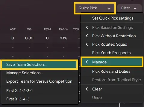 saving team selections on Football Manager 2024