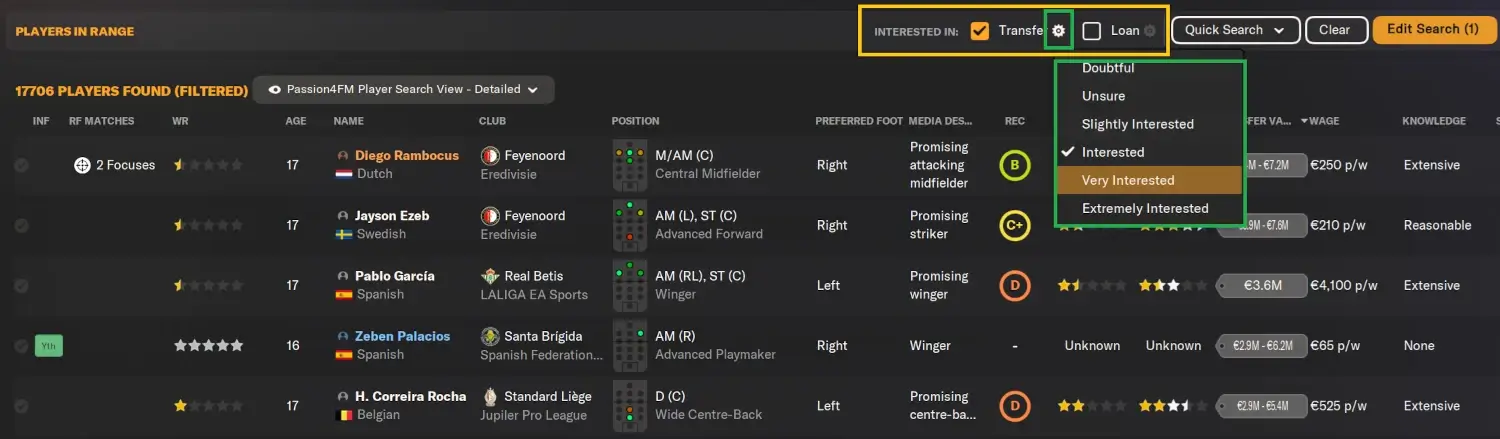 Scouting for wonderkids - Players in Range filtering by interesting in transfer